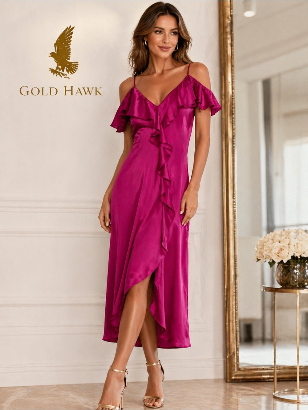 NWT Gold Hawk Silk Ruffle Midi Slip Dress Fuchsia Size XS